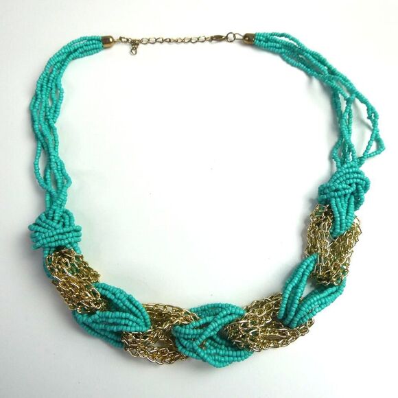 Teal Gold Tone Chain Beaded Multi Strand Bib Statement Necklace Plus Size Inclsv - Picture 1 of 6